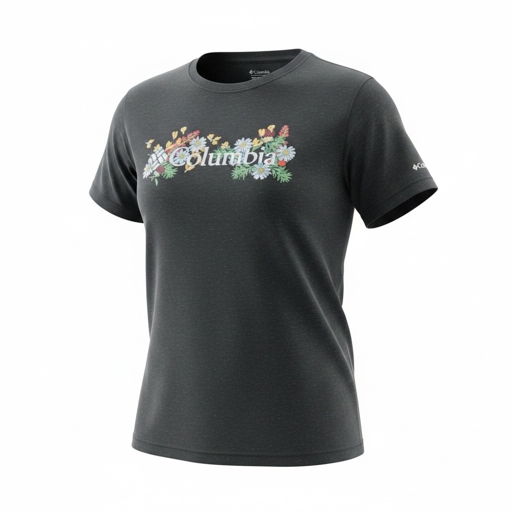 Columbia Womens Floral Logo Graphic T-Shirt Charcoal Grey Short Sleeve M